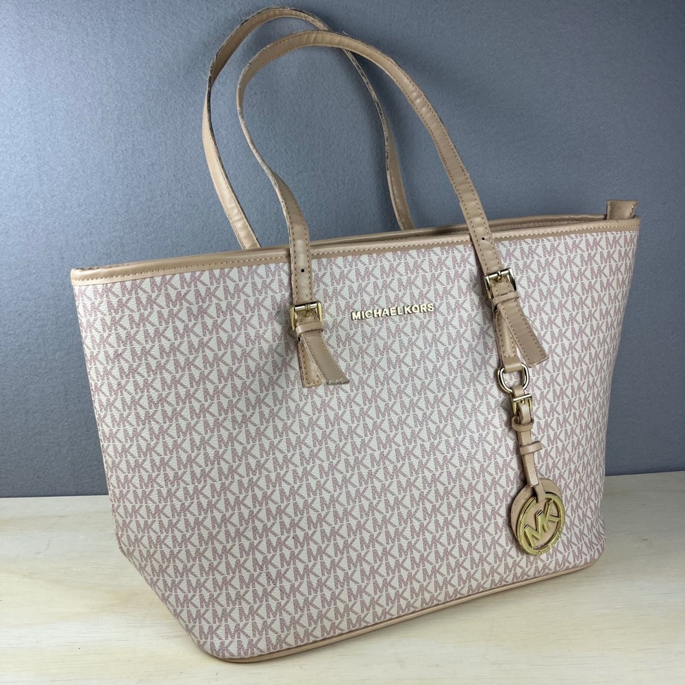 Michael Kors Monogram Tote Bag Pink White Shoulder Bag Charm